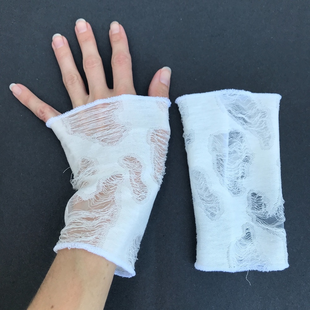 White Mummy Ripped Arm Cuffs Sheer Gauze Gloves Arm Wraps Womens Ghost Costume